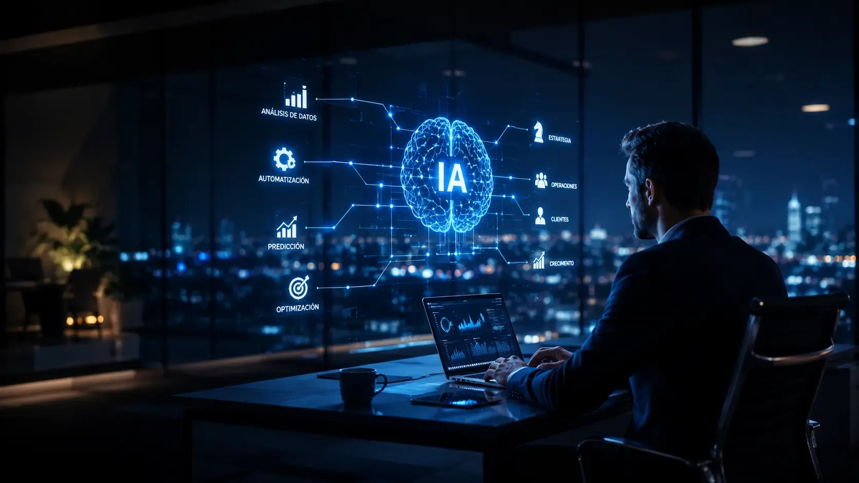 ¿Aparece tu empresa en ChatGPT o la de tu competencia? Empresario trabajando de noche ante un esquema luminoso de inteligencia artificial que conecta análisis de datos, automatización, predicción, estrategia, operaciones, clientes y crecimiento