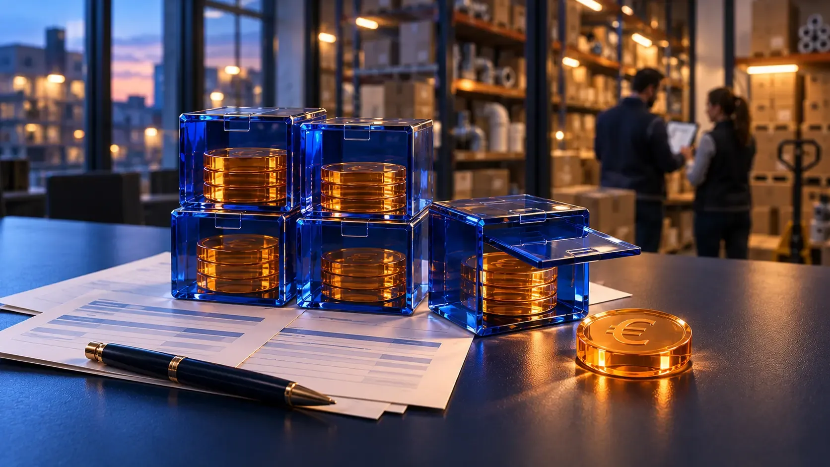 Monedas de euro guardadas en cajas de cristal azul sobre listados impresos en la mesa de un almacén, una de ellas abierta, y al fondo dos personas revisando una tableta entre estanterías con cajas