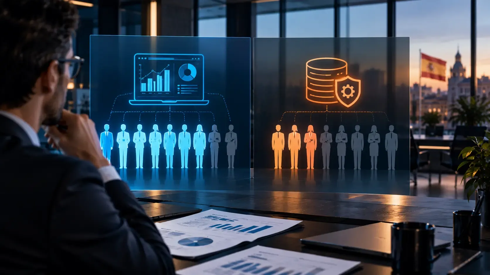 Datos frente a sistema: uso de herramientas y gobierno del dato en la empresa española, CRED 2026 Dos paneles enfrentados en una sala de reuniones: el de la izquierda, con más figuras iluminadas, representa a las empresas españolas que ya usan herramientas de datos; el de la derecha, con muchas menos, las que tienen un modelo formal de gobierno del dato