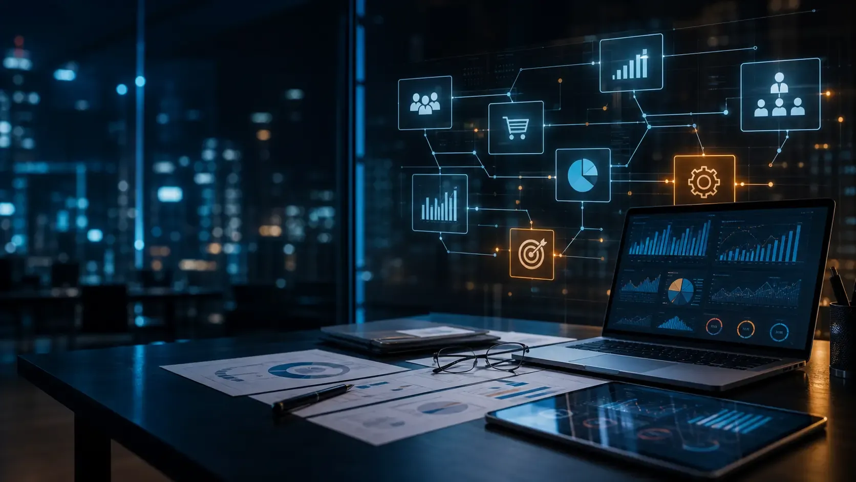 Un diagnóstico empresarial mira los números de la empresa y las piezas que los explican Portátil con un panel de indicadores sobre la mesa de una oficina de noche, unido a una red flotante de iconos de clientes, ventas, margen y procesos