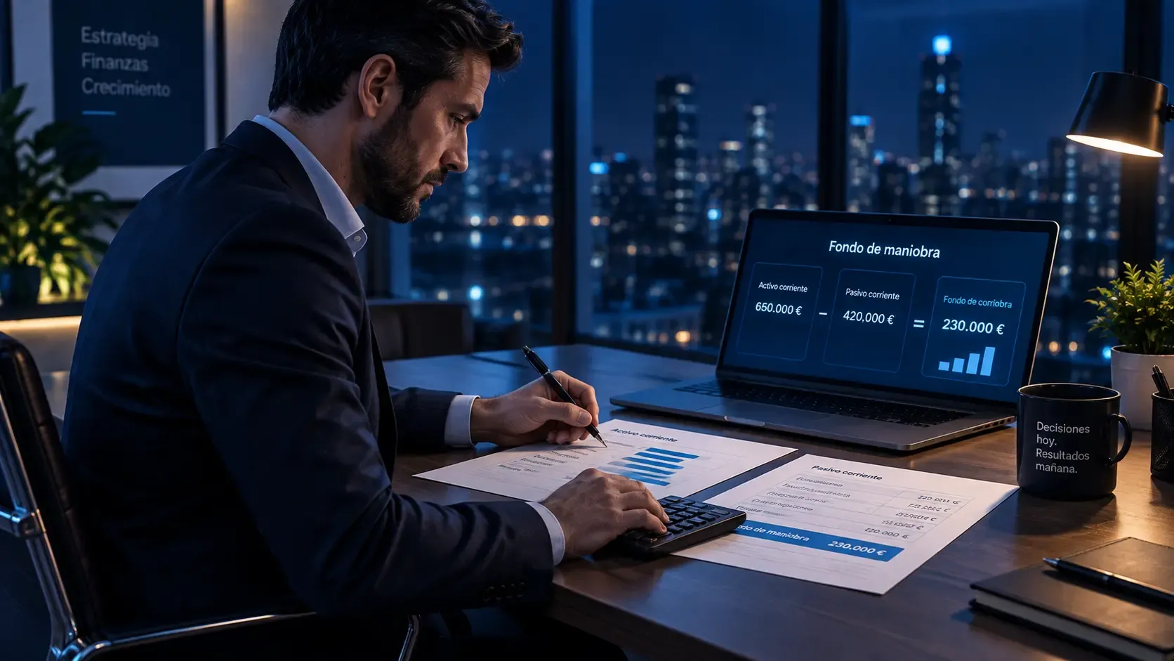 Empresario calculando de noche el fondo de maniobra de su empresa con el balance impreso sobre la mesa, una calculadora y un portátil que muestra la fórmula del activo corriente menos el pasivo corriente