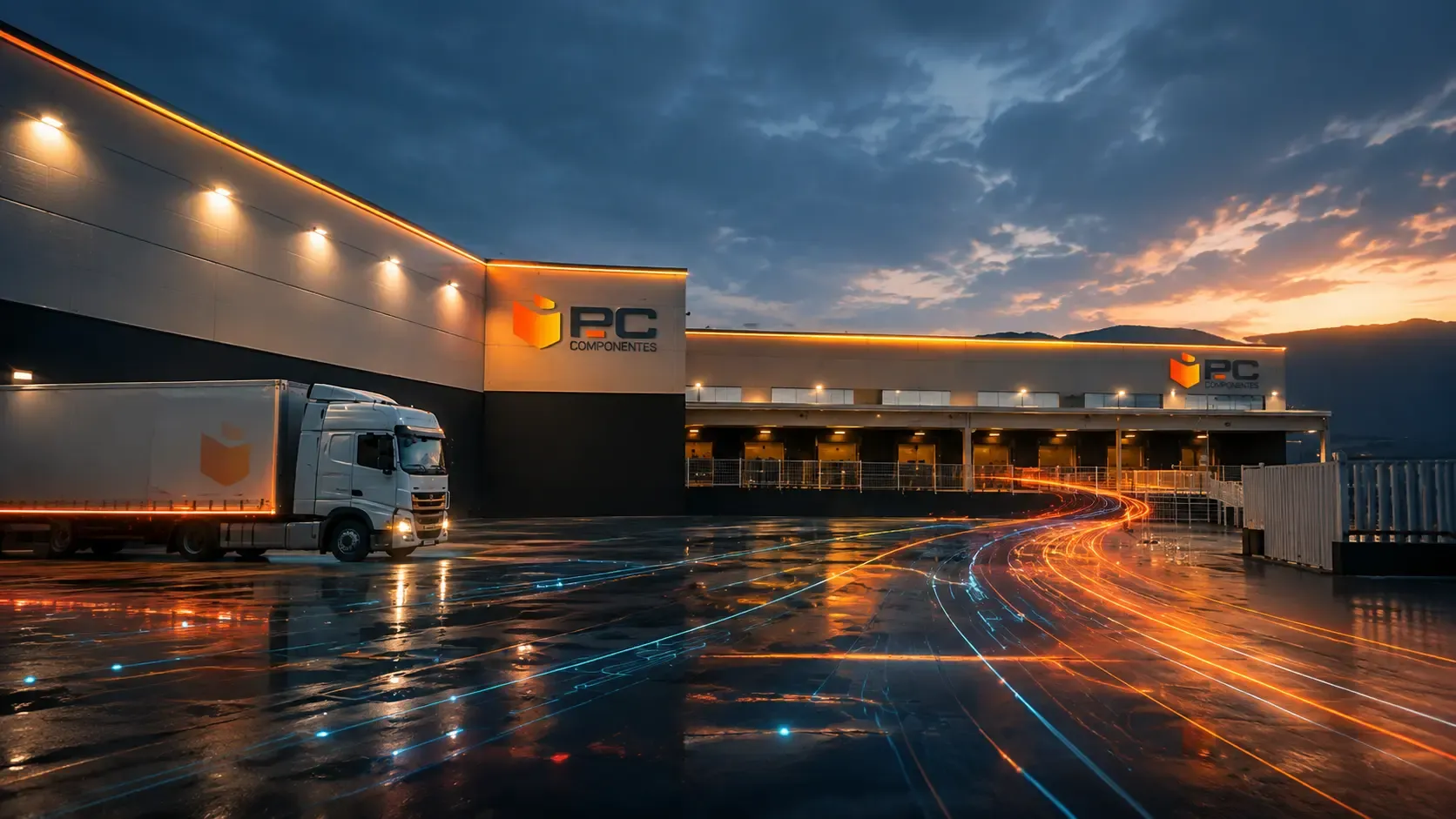 Centro logístico de PcComponentes al anochecer, con un camión de la compañía junto a los muelles de carga y estelas de luz sobre el asfalto mojado