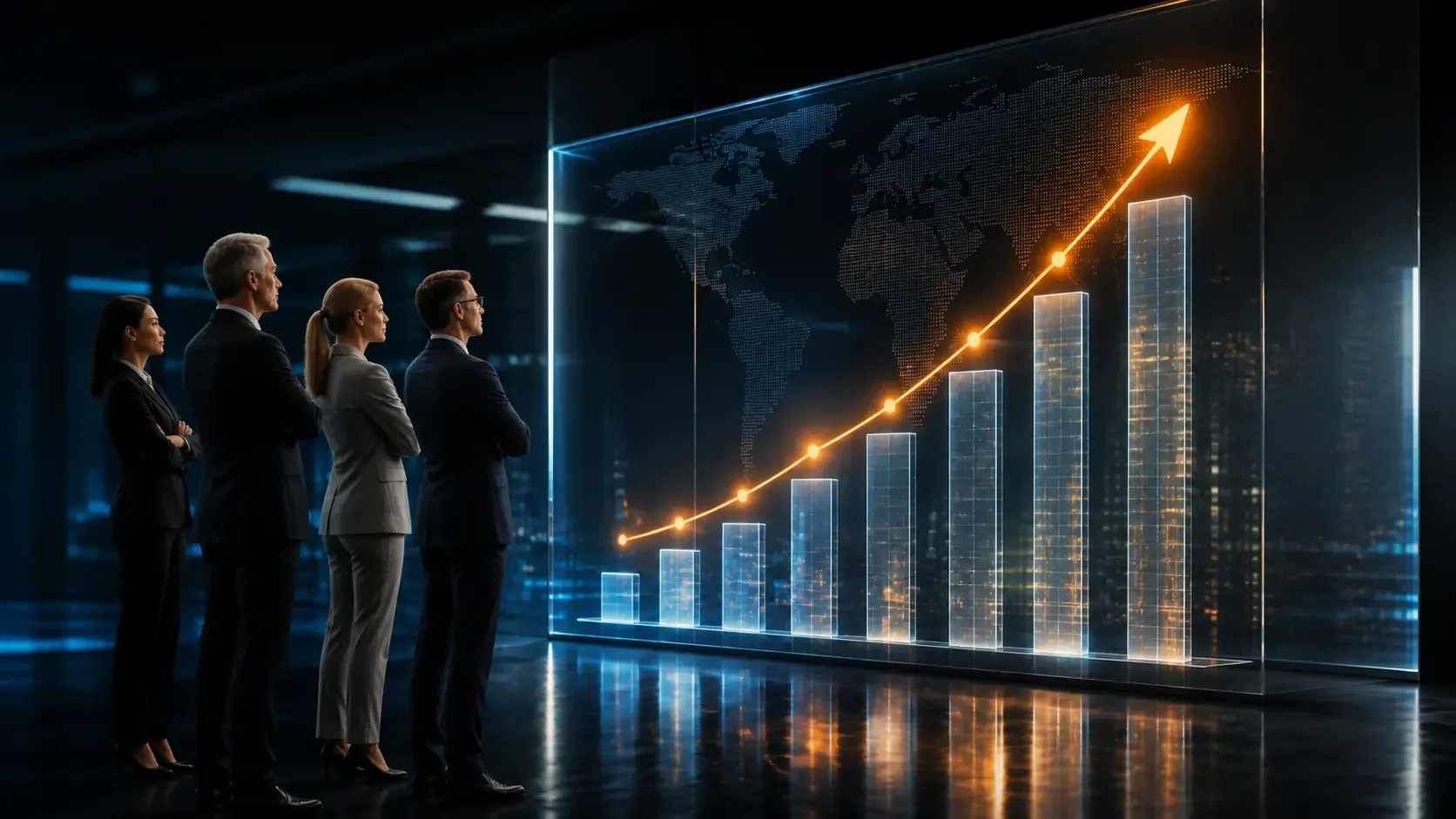 Equipo directivo de una empresa ante un gráfico de barras y una curva de crecimiento ascendente