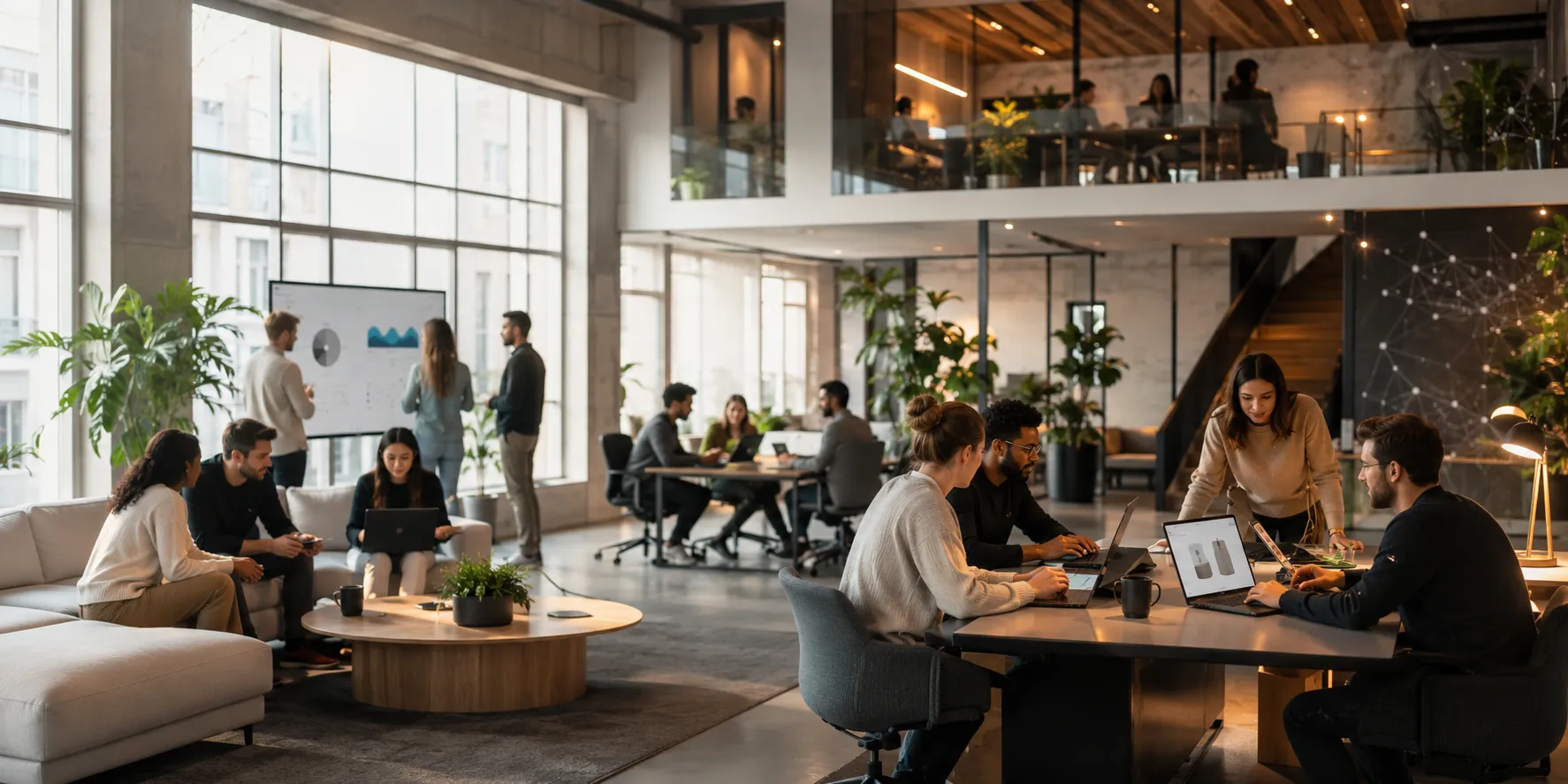 Una empresa en marcha — el perfil que evalúa YF Strategic Equipo de una empresa operativa trabajando en una oficina diáfana: reuniones, portátiles y un panel con métricas de negocio