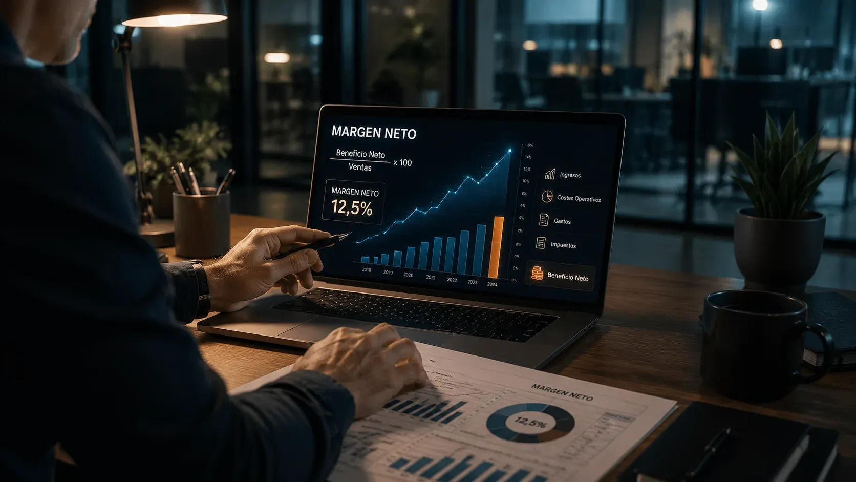 Empresario analizando de noche el margen neto de su empresa en un panel con la fórmula del beneficio neto entre ventas, un margen del 12,5 % destacado y la evolución anual en barras