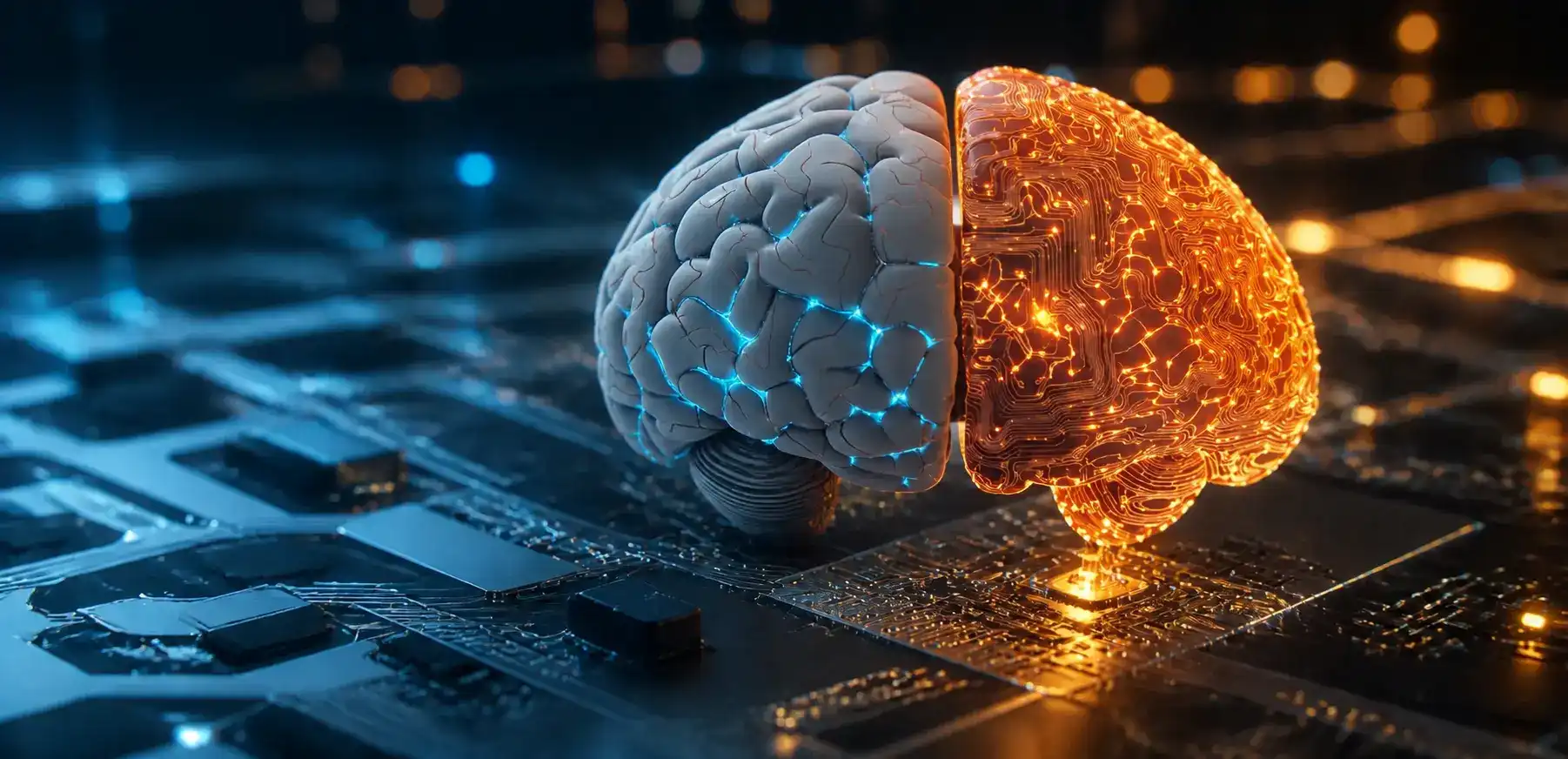 Motor de Crecimiento YF: el sistema de inteligencia empresarial que analiza la empresa Cerebro mitad orgánico y mitad circuito iluminado sobre una placa electrónica, YF Growth Intelligence, el sistema de inteligencia empresarial del Motor de Crecimiento YF