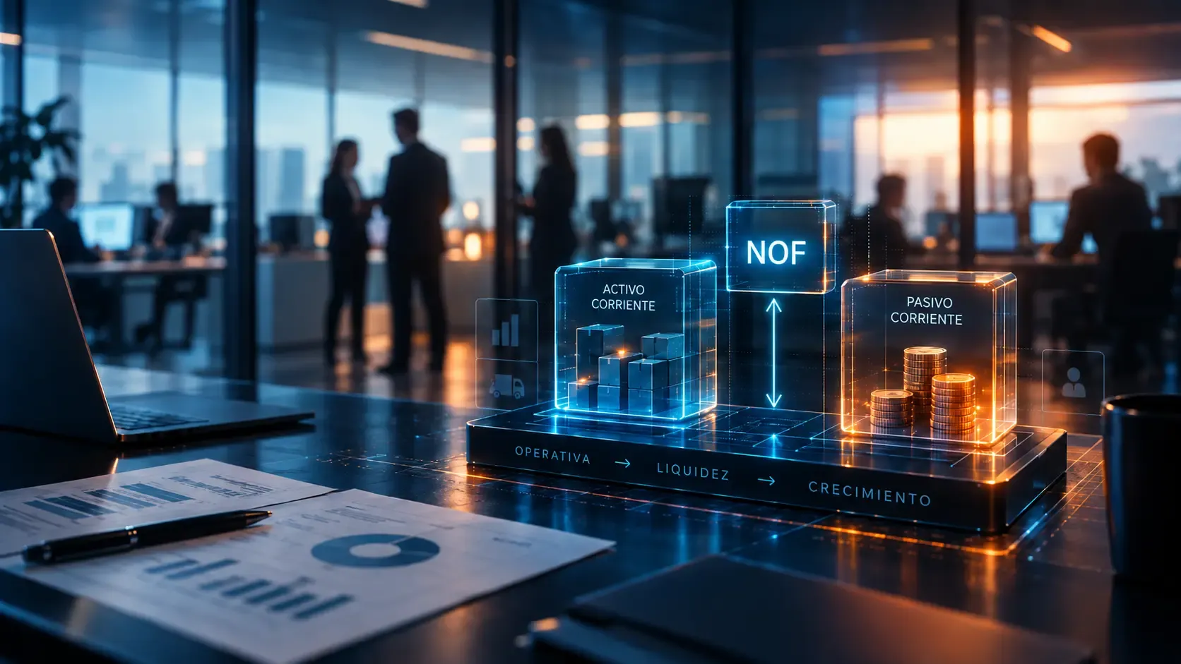 NOF: qué son, cómo se calculan y cuánta financiación pedir Representación del activo corriente y el pasivo corriente de una empresa sobre la mesa de una oficina, con las NOF señaladas entre los dos bloques