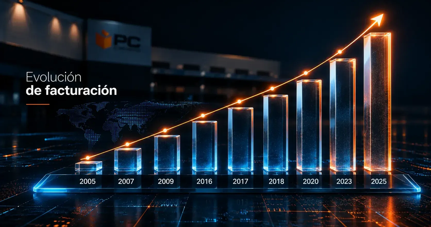 Gráfico de barras de la evolución de la facturación de PcComponentes con nueve marcas entre 2005 y 2025, cada una más alta que la anterior, recorridas por una flecha ascendente