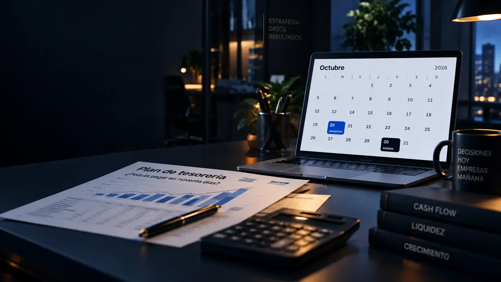 Portátil sobre la mesa de un despacho con el calendario de octubre de 2026 y los días 20, impuestos, y 30, nómina, marcados, junto a un plan de tesorería impreso y una calculadora