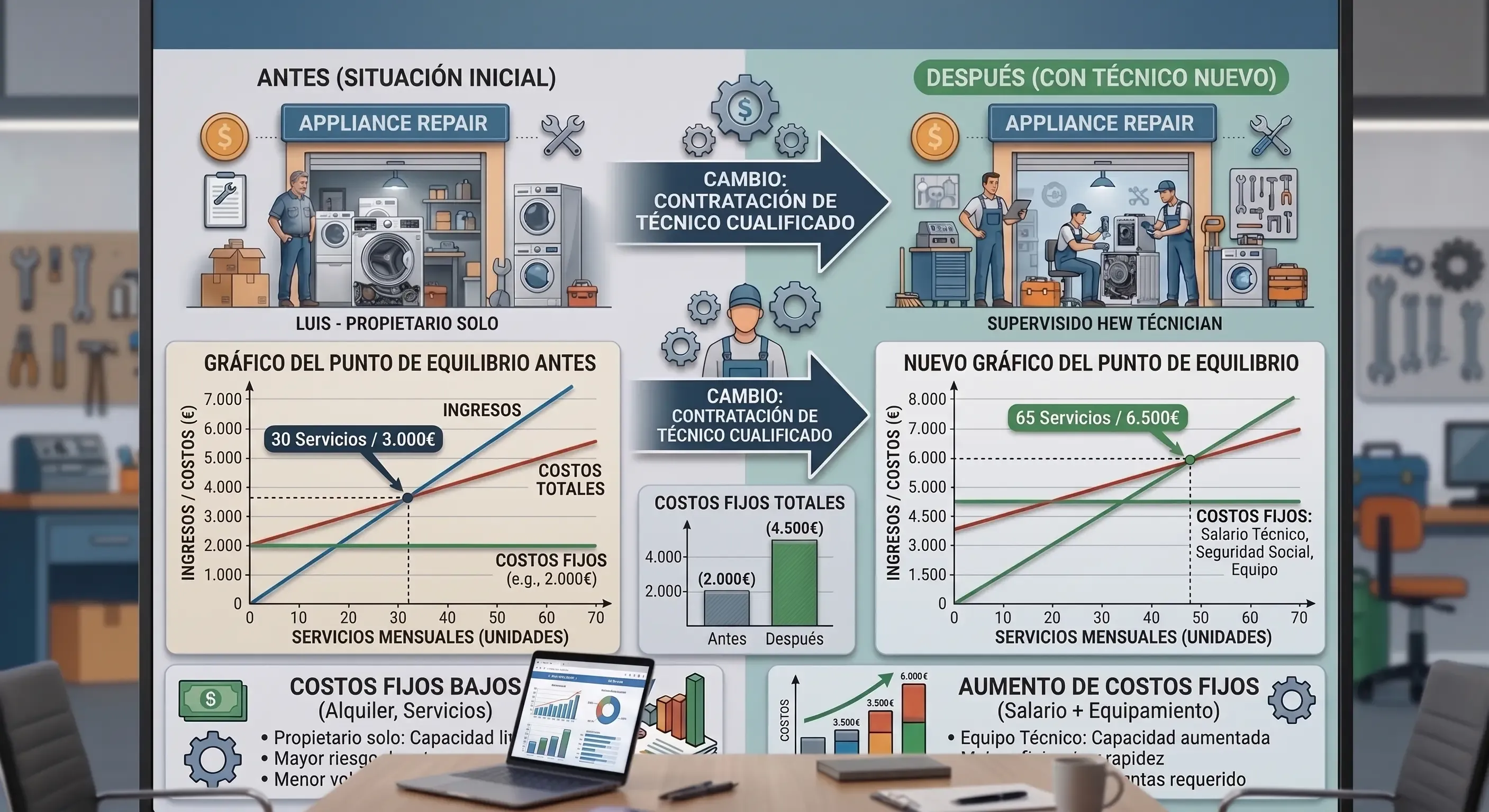 Comparativa del punto de equilibrio de un taller antes y después de contratar a un técnico: dos gráficos de ingresos y costes enfrentados, con el nuevo punto de cruce más a la derecha porque los costes fijos suben