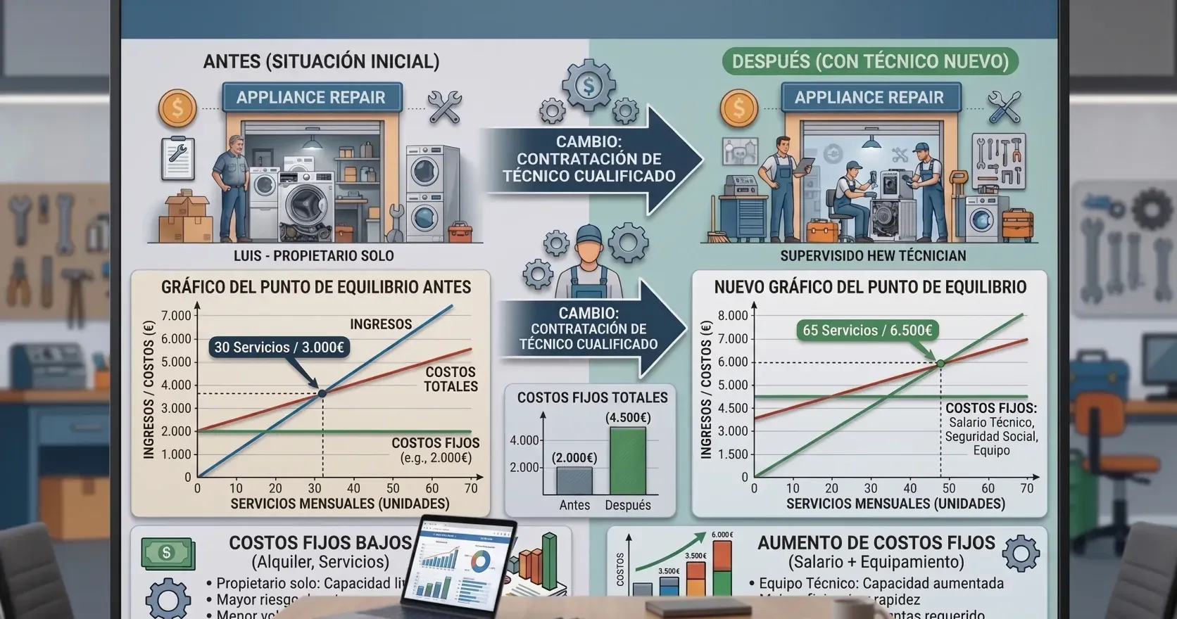 Comparativa del punto de equilibrio de un taller antes y después de contratar a un técnico: dos gráficos de ingresos y costes enfrentados, con el nuevo punto de cruce más a la derecha porque los costes fijos suben