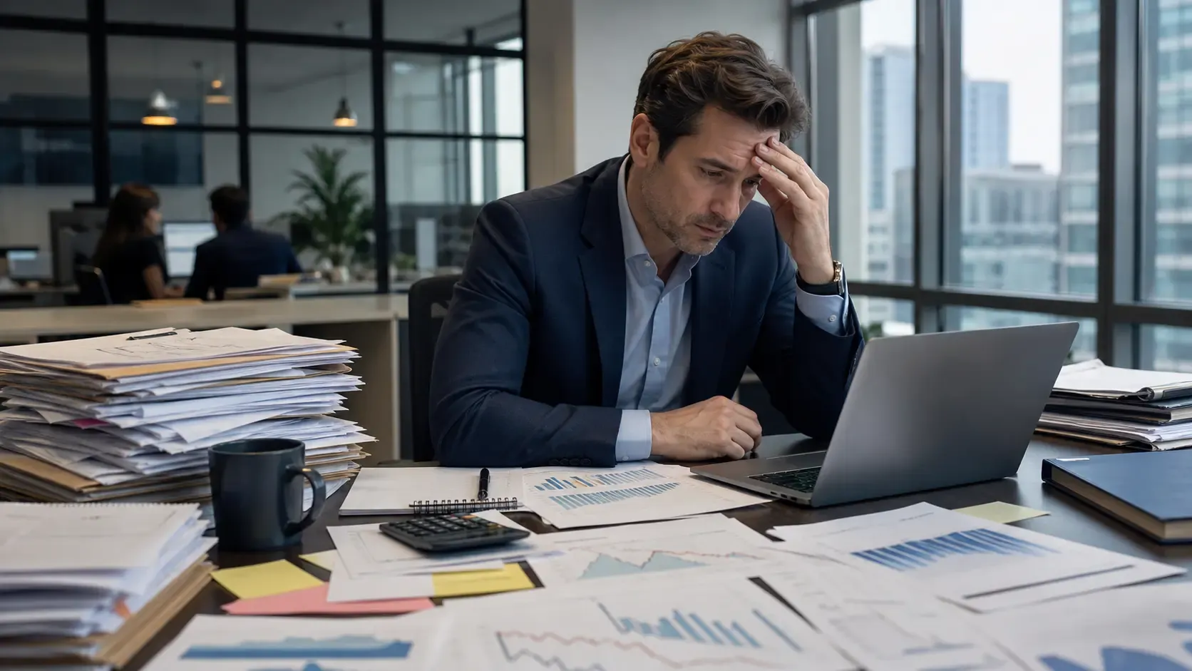 Empresa estancada: la cifra se repite y quien lo sostiene es una persona Directivo trajeado sujetándose la frente ante su portátil, con el escritorio cubierto de informes, carpetas y una calculadora, y la oficina al fondo