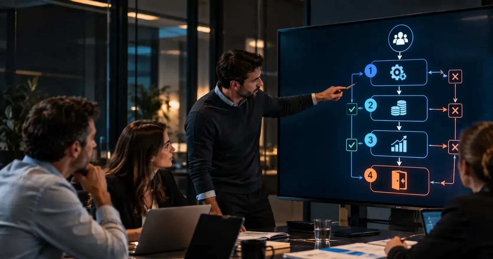 Reunión de equipo ante una pantalla con el árbol de cuatro pasos antes de dejar a un cliente que no es rentable: procesos, precio, ampliar la relación y salida