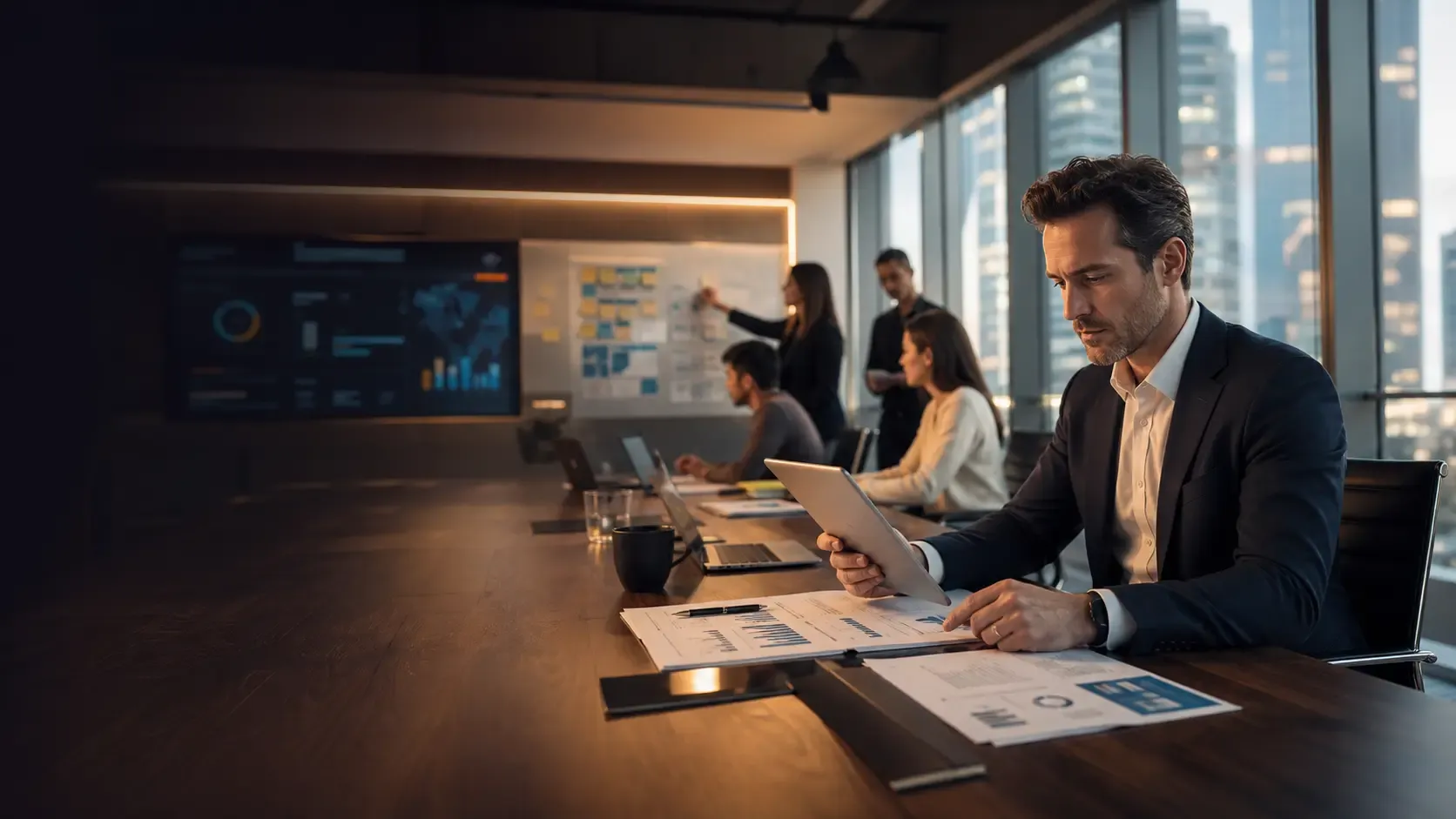 Socio inversor: la conversación empieza por los números de una empresa que ya factura Directivo revisando en una tablet las cuentas de su empresa, con los informes impresos sobre la mesa y su equipo trabajando al fondo