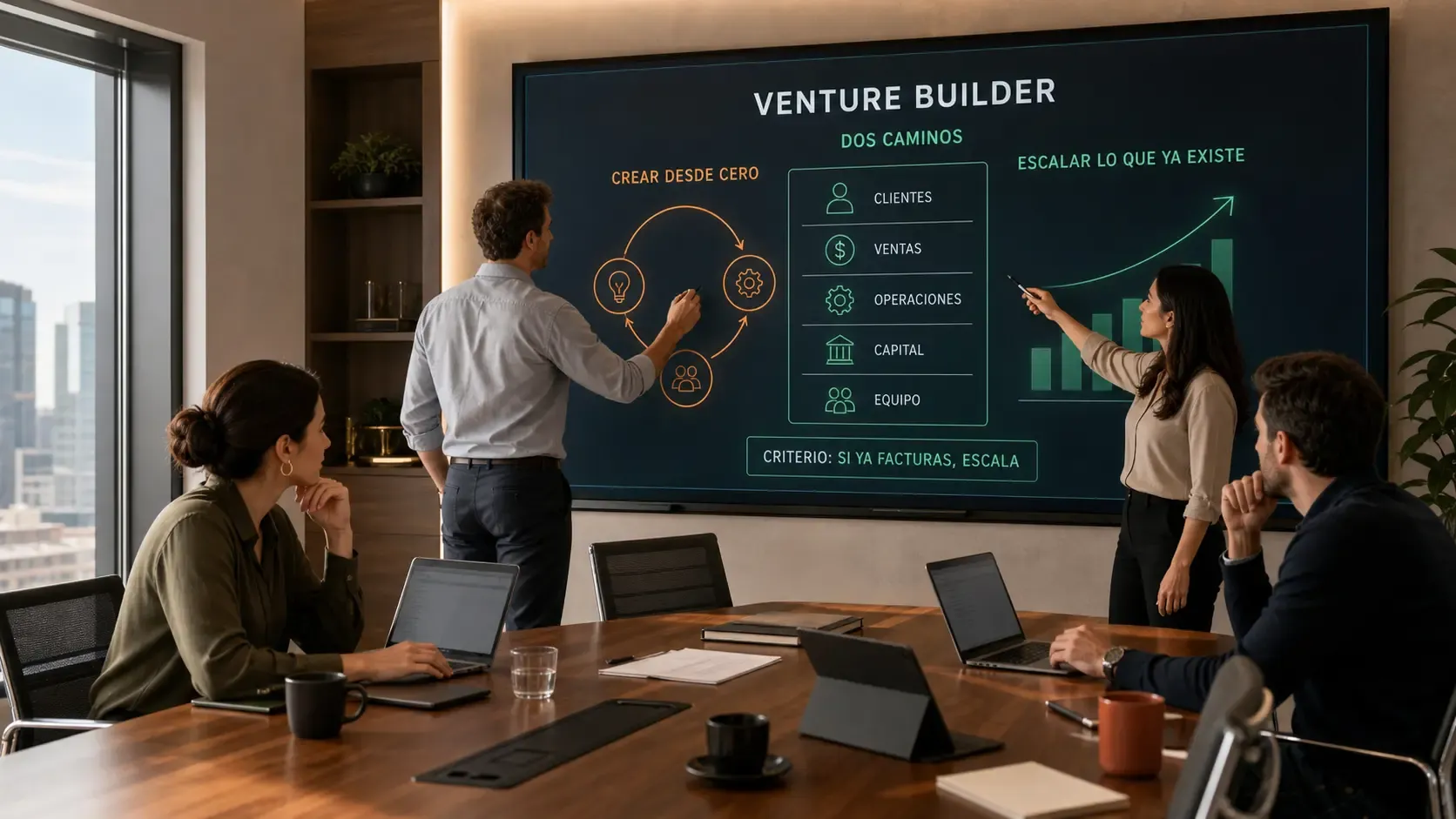 Los dos caminos de un venture builder: crear desde cero o escalar lo que ya existe Diagrama de los dos tipos de venture builder: el que crea empresas desde cero y el que entra en empresas que ya facturan
